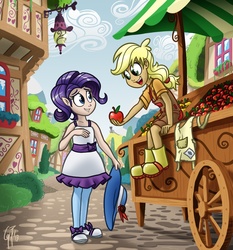 Size: 1400x1500 | Tagged: safe, artist:glancojusticar, applejack, rarity, elf, human, g4, apple, cart, clothes, cute, duo, elf ears, female, food, hat, humanized, jackabetes, looking at each other, open mouth, raribetes, shipping fuel, smiling, unicorns as elves, working, younger