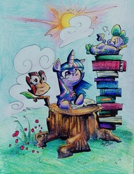 Size: 1565x2043 | Tagged: safe, artist:maddie-the-cattie, owlowiscious, spike, twilight sparkle, g4, book