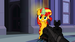 Size: 900x506 | Tagged: safe, sunset shimmer, pony, unicorn, g4, angry, battlefield, canterlot, gun, magic