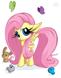 Size: 775x1000 | Tagged: safe, artist:lillykitten, fluttershy, bird, butterfly, mouse, rabbit, g4