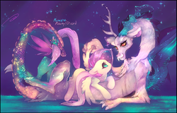 Size: 1024x655 | Tagged: safe, artist:mujinai, discord, fluttershy, draconequus, pegasus, pony, g4, eye contact, female, looking at each other, male, mare, prone, shiny, ship:discoshy, shipping, smiling, sparkles, spread wings, straight, wings