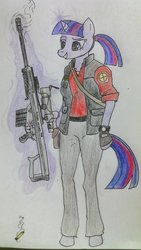 Size: 670x1192 | Tagged: safe, twilight sparkle, unicorn, anthro, g4, barrett, crossover, female, glowing horn, gun, hooves, horn, levitation, magic, mare, optical sight, ponytail, rifle, simple background, smiling, sniper, sniper (tf2), sniper rifle, solo, team fortress 2, teeth, telekinesis, traditional art, weapon, white background