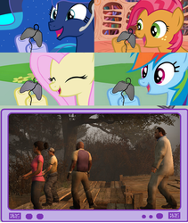 Size: 776x918 | Tagged: safe, babs seed, fluttershy, princess luna, rainbow dash, pegasus, pony, gamer luna, g4, coach (l4d2), ellis, exploitable meme, female, gamer babs, gamer meme, gamerdash, gamershy, left 4 dead, left 4 dead 2, mare, nick, rochelle, tv meme