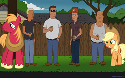 Size: 1440x900 | Tagged: safe, applejack, big macintosh, earth pony, human, pony, g4, bill dauterive, boomhauer, crossover, dale gribble, hank hill, king of the hill, male, stallion