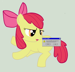 Size: 1416x1360 | Tagged: safe, artist:kenchancake, apple bloom, earth pony, pony, g4, error, error message, female, filly, foal, gray background, looking back, microsoft windows, parody, simple background, solo, unamused