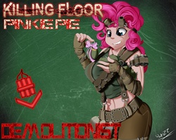 Size: 4400x3500 | Tagged: safe, artist:wazzart, pinkie pie, human, g4, belly button, breasts, busty pinkie pie, crossover, female, goggles, grenade, humanized, killing floor, midriff, ribbon, solo