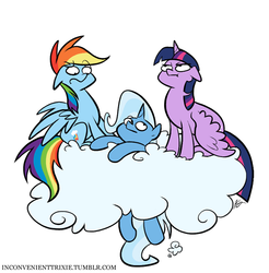 Size: 766x779 | Tagged: safe, artist:egophiliac, rainbow dash, trixie, twilight sparkle, alicorn, pegasus, pony, unicorn, tumblr:inconvenient trixie, g4, cloud, female, floppy ears, hooves, horn, inconvenient trixie, mare, on a cloud, simple background, sitting on a cloud, spread wings, tumblr, twilight sparkle (alicorn), twilight sparkle is not amused, unamused, white background, wings, woonoggles