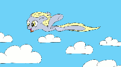 Size: 500x281 | Tagged: safe, artist:rndfax, derpy hooves, pegasus, pony, g4, animated, cloud, cloudy, derpy being derpy, dumb running ponies, female, flapping, flying, mare, silly, silly pony, sky, solo, tongue out, wat