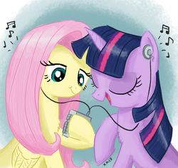 Size: 1059x1000 | Tagged: safe, artist:king-kakapo, fluttershy, twilight sparkle, pegasus, pony, unicorn, g4, eyes closed, headphones, sharing headphones, smiling, unicorn twilight