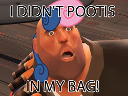 Size: 1024x768 | Tagged: safe, edit, bon bon, sweetie drops, g4, bonpun, crossing the memes, crossover, heavy weapons guy, i didn't put those in my bag, meme, pootis, pun, team fortress 2