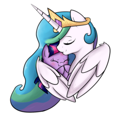 Size: 1000x1000 | Tagged: safe, artist:nolycs, princess celestia, twilight sparkle, g4, blushing, comforting, crying, cute, eyes closed, filly, hug, momlestia, scrunchy face, simple background, smiling, transparent background, twiabetes, winghug