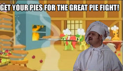 Size: 883x512 | Tagged: safe, edit, edited screencap, screencap, apple fritter, caramel, lucky clover, peachy sweet, earth pony, pony, g4, over a barrel, apple family member, background pony, blazing saddles, chef's hat, clothes, dialogue, female, food, hat, image macro, male, mare, mouth hold, pie, stallion