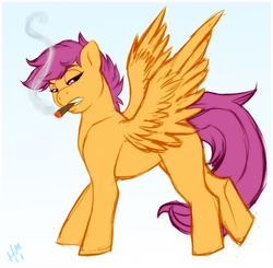 Size: 666x653 | Tagged: safe, artist:666hailsatanlol666, scootaloo, g4, blank flank, cigar, female, pegasus mafia, smoke, smoking, solo