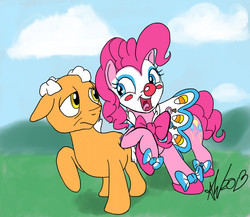 Size: 1116x969 | Tagged: safe, artist:snapai, pinkie pie, ponyacci, earth pony, pony, g4, clothes, clown, clown nose, costume, makeup, red nose, singing
