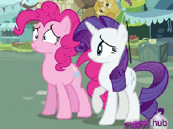 Size: 450x338 | Tagged: safe, screencap, pinkie pie, rarity, g4, putting your hoof down, animated, do not want, facehoof, female, hub logo, reaction image