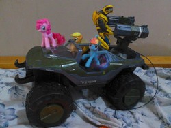 Size: 2048x1536 | Tagged: safe, applejack, pinkie pie, rainbow dash, alien, earth pony, pegasus, pony, sangheili, g4, car, figure, halo (series), mcdonald's happy meal toys, warthog (halo)