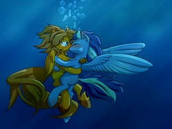 Size: 2000x1500 | Tagged: safe, artist:northernsprint, oc, oc only, blushing, gay, kissing, male, shipping, underwater