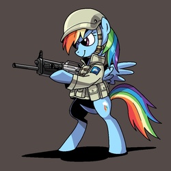 Size: 800x800 | Tagged: safe, artist:hobbang, rainbow dash, pegasus, pony, g4, bipedal, clothes, female, gun, helmet, mare, military, military uniform, pixiv, ready to fight, rifle, simple background, soldier, soldier pony, solo, uniform, usas-12, weapon