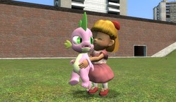 Size: 1024x600 | Tagged: safe, spike, g4, 3d, earthbound, gmod, hug, nintendo, paula jones