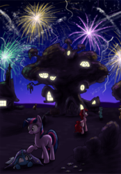 Size: 792x1136 | Tagged: safe, artist:paper-pony, trixie, twilight sparkle, g4, filly, fireworks, night, younger