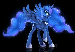 Size: 1024x712 | Tagged: safe, artist:skeleion, princess luna, alicorn, pony, g4, black background, female, mare, raised hoof, reflection, simple background, smiling, solo, spread wings, wings