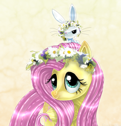 Size: 1006x1050 | Tagged: dead source, safe, artist:lova-gardelius, angel bunny, fluttershy, pegasus, pony, g4, angel bunny is not amused, cute, female, floral head wreath, flower, mare, shyabetes