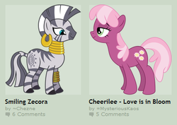 Size: 391x277 | Tagged: safe, cheerilee, zecora, zebra, g4, bedroom eyes, deviantart, exploitable meme, female, juxtaposition, juxtaposition win, lesbian, ship:zecorlee