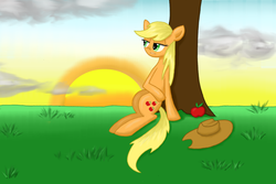 Size: 1024x686 | Tagged: safe, artist:thecheeseburger, applejack, g4, female, relaxing, solo, sun, tree