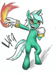 Size: 673x917 | Tagged: safe, artist:thecheeseburger, lyra heartstrings, pony, unicorn, g4, bipedal, clothes, female, fire, gloves, hand, solo