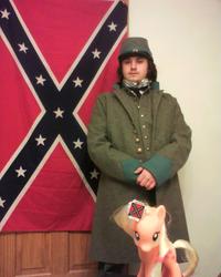 Size: 1024x1280 | Tagged: safe, artist:godfather42, applejack, human, g4, clothes, confederate, confederate flag, cosplay, duo, flag, irl, irl human, photo, suit, toy, wat