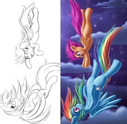 Size: 906x882 | Tagged: safe, artist:knifeh, rainbow dash, scootaloo, g4, crying, falling, sad