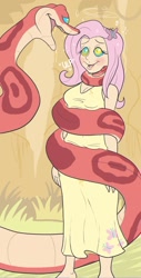 Size: 638x1253 | Tagged: safe, artist:plsgts, fluttershy, human, g4, breasts, cleavage, clothes, coils, dress, eyes, female, humanized, imminent vore, kaa, kaa eyes, kitchen eyes, mind control, peril