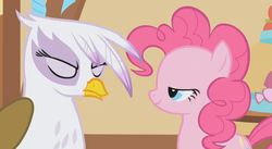Size: 639x350 | Tagged: safe, screencap, gilda, pinkie pie, griffon, g4, griffon the brush off, lidded eyes, out of context