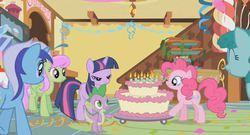 Size: 638x344 | Tagged: safe, screencap, merry may, minuette, pinkie pie, spike, spring melody, sprinkle medley, twilight sparkle, g4, griffon the brush off, cake, lidded eyes, out of context