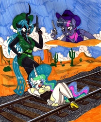 Size: 1666x2004 | Tagged: safe, artist:newyorkx3, princess celestia, queen chrysalis, twilight sparkle, alicorn, changeling, human, unicorn, anthro, plantigrade anthro, g4, angry, bondage, cactus, cleavage, cliff, clothes, cowboy hat, cowgirl, cowgirl outfit, damsel in distress, desert, dress, evil grin, evil laugh, female, glare, grin, gritted teeth, gun, hat, high heels, humanized, kidnapped, laughing, peril, pistol, railroad, rescue, revolver, rope, rope bondage, scared, shoes, smiling, stetson, teeth, tied to tracks, tied up, traditional art, train tracks, weapon, western, worried
