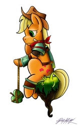 Size: 701x1128 | Tagged: safe, artist:1ltdaniels, applejack, pony, g4, apple, armor, bastion (game), crossover, female, hat, ponified, rope, simple background, sitting, solo, the kid, video game