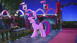 Size: 960x540 | Tagged: safe, screencap, twilight sparkle, alicorn, pony, unicorn, g4, official, apotheosis, bedroom eyes, big crown thingy, commercial, crystal princess celebration, cute, element of magic, female, flapping, happy, i love when you comb my hair, jewelry, let's fly to the castle, lidded eyes, logo, looking at you, my little pony logo, my wings are so pretty, open mouth, ponies in real life, regalia, smiling, solo, sparkles, spread wings, stars, transformation, twiabetes, twilight sparkle (alicorn), unicorn twilight, wings