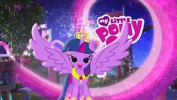 Size: 960x540 | Tagged: safe, screencap, twilight sparkle, alicorn, pony, g4, official, apotheosis, bedroom eyes, big crown thingy, commercial, crystal princess celebration, cute, element of magic, female, flapping, happy, i love when you comb my hair, jewelry, let's fly to the castle, lidded eyes, logo, looking at you, mare, my little pony logo, my wings are so pretty, open mouth, ponies in real life, regalia, smiling, solo, sparkles, spread wings, stars, transformation, twiabetes, twilight sparkle (alicorn), wings