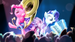 Size: 1920x1080 | Tagged: safe, artist:giantmosquito, pinkie pie, rarity, earth pony, pony, unicorn, g4, accordion, audience, bokeh, clothes, concert, dress, female, lens flare, magic, magic aura, musical instrument, polka dots, sousaphone