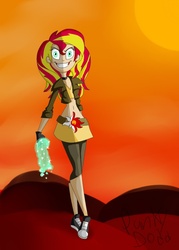 Size: 720x1008 | Tagged: safe, artist:2-lettdodd, sunset shimmer, equestria girls, g4, belly button, choker, evil smile, female, grin, human coloration, orange, smiling, snapset shimmer, solo, sun, sunshine shimmer, wand, wide eyes