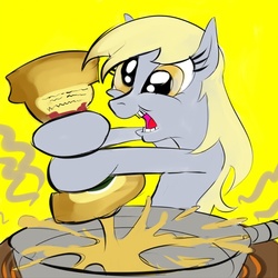 Size: 600x600 | Tagged: safe, artist:chiapetofdoom, derpy hooves, pegasus, pony, g4, cooking, female, frying pan, mare, solo