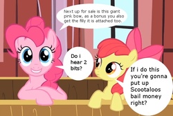 Size: 619x417 | Tagged: safe, screencap, apple bloom, pinkie pie, g4, auction, chat bubble