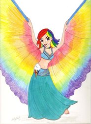 Size: 770x1038 | Tagged: safe, artist:zellykat, rainbow dash, human, g4, belly button, belly dancer, belly dancer outfit, cleavage, clothes, ear piercing, female, humanized, jewelry, long skirt, midriff, nail polish, piercing, skirt, solo