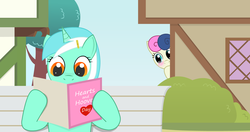 Size: 1551x821 | Tagged: safe, artist:negasun, bon bon, lyra heartstrings, sweetie drops, g4, bench, blushing, card, duo, female, hairclip, hearts and hooves day, lesbian, ship:lyrabon, shipping, valentine's day card, vector, younger