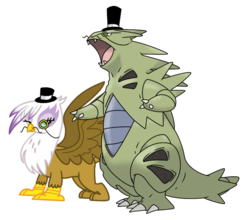 Size: 813x716 | Tagged: safe, artist:drlonepony, gilda, griffon, tyranitar, g4, duo, hat, monocle, pokémon, simple background, top hat, transparent background