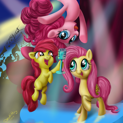 Size: 2000x2000 | Tagged: safe, artist:deathpwny, apple bloom, fluttershy, pinkie pie, g4, kallisti, microphone, singing