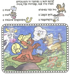 Size: 1067x1131 | Tagged: safe, applejack, winona, cow, dog, parasprite, g4, cloud, colour and find, horseshoes, mud, mud bath, rock, sign