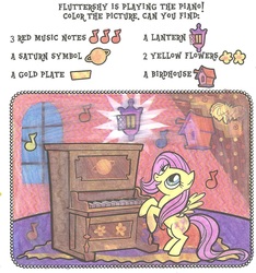 Size: 1055x1127 | Tagged: safe, fluttershy, g4, bird house, colour and find, female, flower, lantern, merchandise, music, music notes, musical instrument, piano, planet, saturn, solo