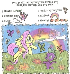 Size: 1067x1131 | Tagged: safe, fluttershy, spike, butterfly, g4, colour and find, flower, rainbow