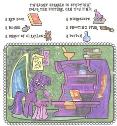 Size: 1052x1135 | Tagged: safe, twilight sparkle, g4, book, colour and find, female, microscope, solo, studying